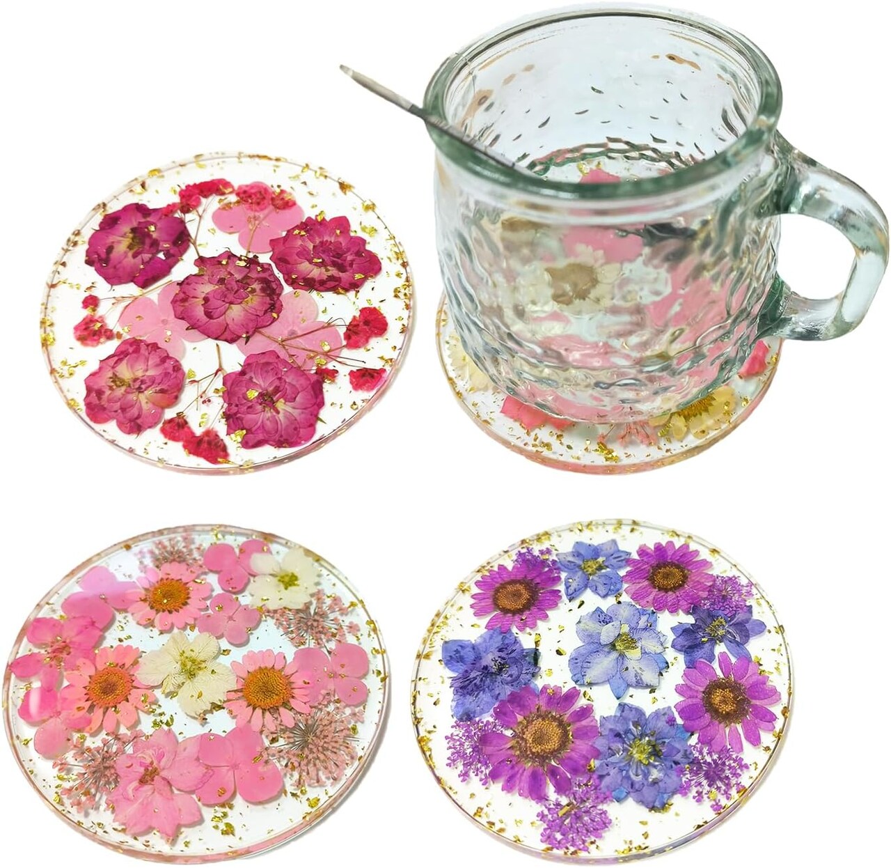 4 Pcs Flower Coasters for Drink Handmade Resin Coasters with Pressed Flowers, Round Cute Coasters for Desk Aesthetic Cup Mat Set Natural Floral Coasters Home Decor
